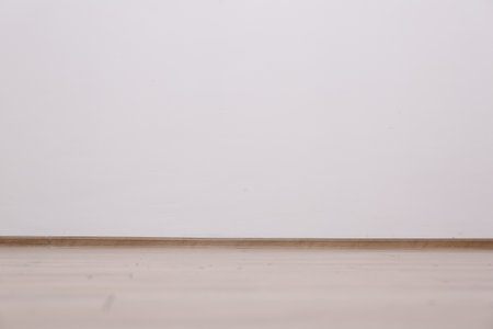 Empty white wall and wooden floor indoors, space for text