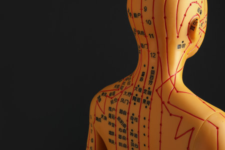 Acupuncture model. Mannequin with dots and lines on black background, space for textの写真素材