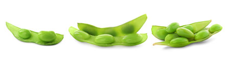 Fresh green edamame pods with beans isolated on white, set