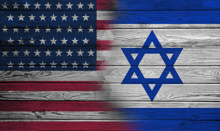 International relations. National flags of Israel and USA painted on wooden surface, banner designの写真素材