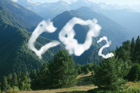 Concept of clear air. CO2 inscription and beautiful mountain landscapeの写真素材