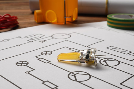 Wiring diagram and different electrician's equipment on table, closeupの写真素材