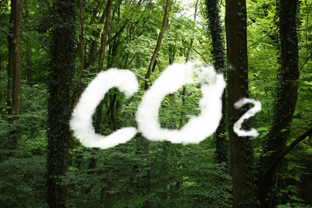 Concept of clear air. CO2 description and beautiful forestの写真素材