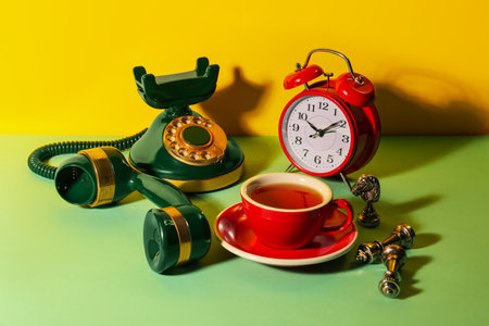 Red cup of tea, alarm clock, vintage telephone and chessmen on light green table against yellow backgroundの写真素材
