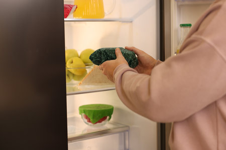 Man putting bowl covered with beeswax food wrap into refrigerator, closeupの写真素材
