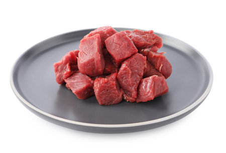 Pieces of raw beef meat isolated on whiteの写真素材