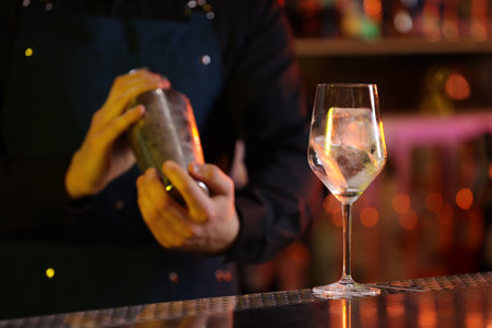 Bartender making fresh alcoholic cocktail at bar counter, selective focusの写真素材