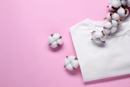 Cotton branch with fluffy flowers and white t-shirt on pink background, flat lay. Space for textの写真素材