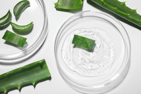 Petri dishes with cosmetic gel and cut aloe vera on white background, flat layの写真素材