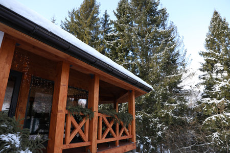Wooden gazebo near snowy forest on winter day