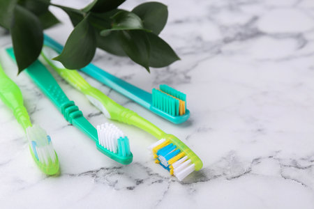 Colorful plastic toothbrushes and plant twig on white marble table, closeup. Space for textの写真素材