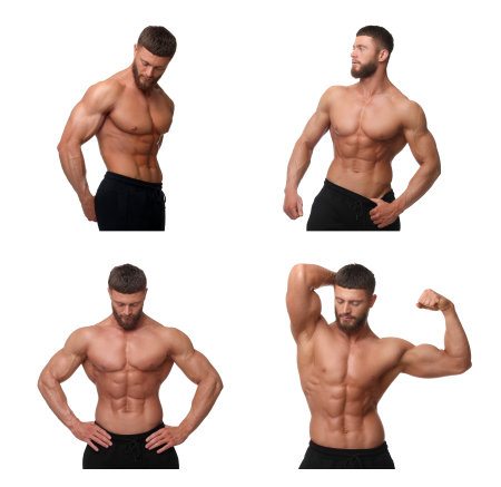 Handsome bodybuilder posing on white background, set of photosの写真素材
