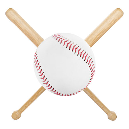 Baseball ball and two crossed wooden bats isolated on white