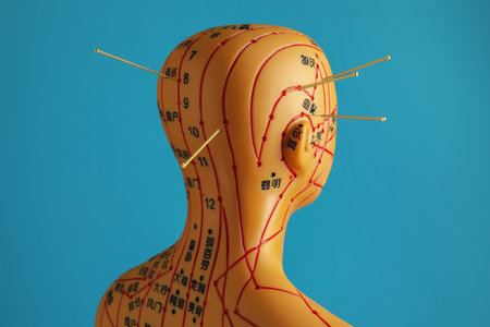 Acupuncture - alternative medicine. Human model with needles in head against light blue backgroundの写真素材