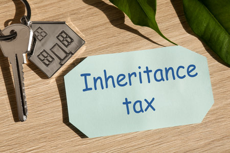 Inheritance Tax. Card, key with key chain in shape of house on wooden table, closeupの写真素材