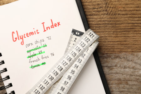 Glycemic Index. Notebook with information and measuring tape on wooden table, top viewの写真素材
