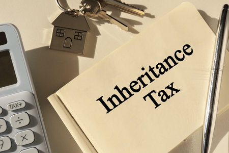 Notepad with phrase Inheritance Tax, calculator and keys with house shaped key chain on white table, flat layの写真素材