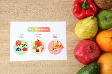 Glycemic index chart and different products on wooden table, flat layの写真素材