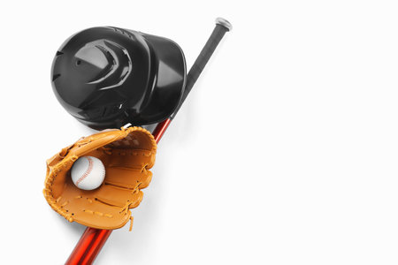 Baseball glove, bat, ball and batting helmet on white background, flat lay. Space for textの写真素材