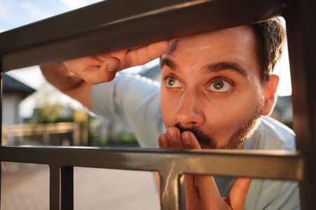Concept of private life. Curious man spying on neighbors over fence outdoors, closeupの写真素材