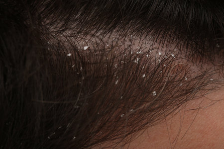 Man with dandruff in his dark hair, closeupの写真素材