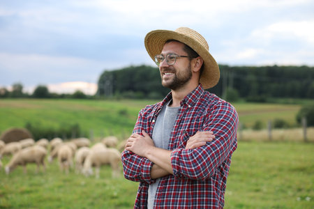 Portrait of smiling man with crossed arms on pasture at farmの写真素材