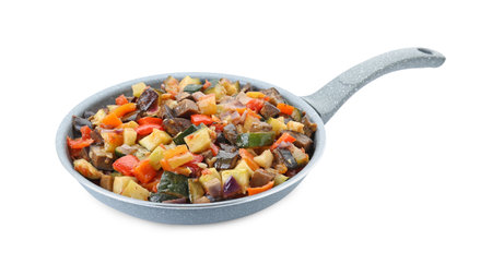 Delicious ratatouille in frying pan isolated on whiteの写真素材