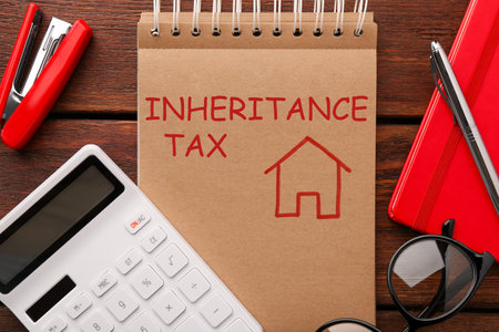 Notepad with phrase Inheritance Tax, stationery and calculator on wooden table, flat layの写真素材