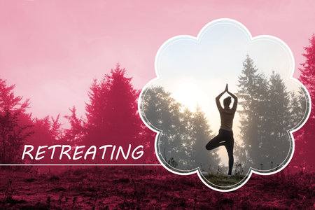 Wellness retreat. Woman practicing yoga near forest, back view. Color tone effectの写真素材