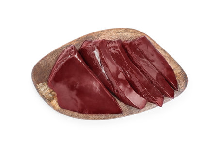 Cut raw beef liver isolated on white, top viewの写真素材