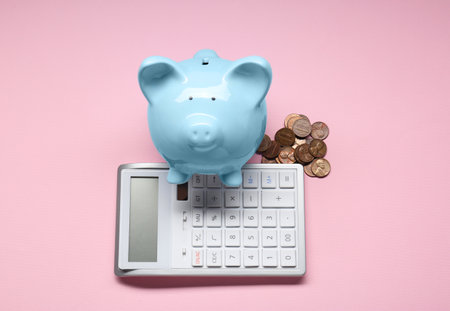 Calculator, coins and piggy bank on pink background, flat layの写真素材