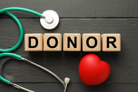 Cubes with word Donor, stethoscope and small red heart on gray wooden table, flat layの写真素材