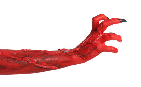 Scary monster on white background, closeup of hand. Halloween characterの写真素材