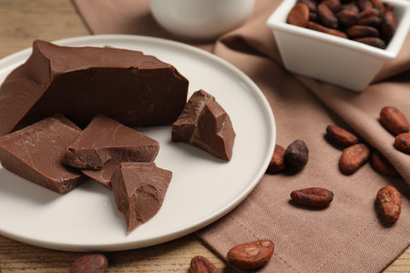 Pieces of tasty milk chocolate and cocoa beans on table, closeupの写真素材
