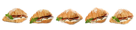 Delicious croissant with sliced figs and cream cheese isolated on white, setの写真素材