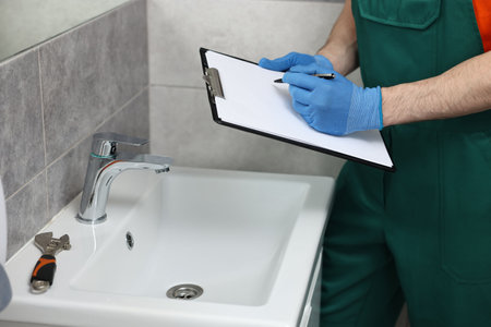 Plumber writing results of examining sink in bathroom, closeupの写真素材