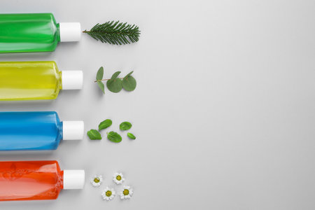 Fresh mouthwashes in bottles and ingredients on gray background, flat lay. Space for textの写真素材