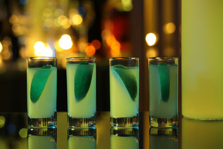 Shot glasses with alcohol drink and lime wedges on mirror surface against blurred backgroundの写真素材