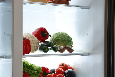 Open refrigerator full of different products indoors