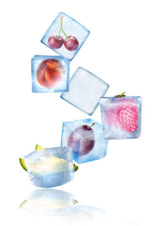 Frozen food. Different fruits and avocado in ice cubes falling on white backgroundの写真素材
