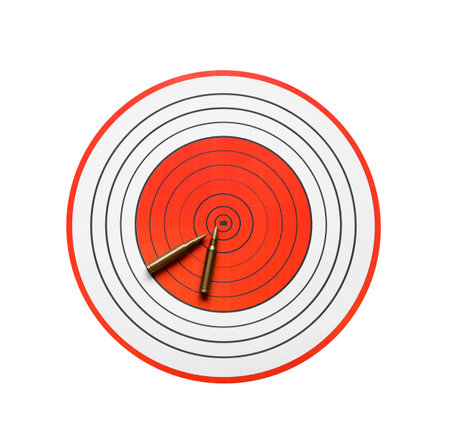 Shooting target and bullets isolated on white, top viewの写真素材