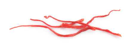 Stigmas of aromatic saffron isolated on white, top viewの写真素材