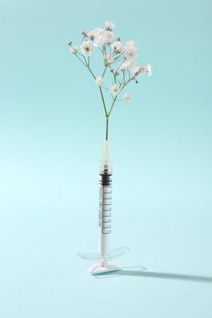 Cosmetology. Medical syringe and gypsophila on light blue backgroundの写真素材
