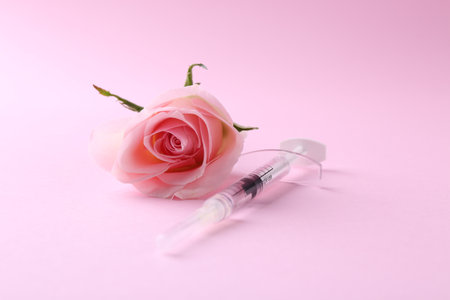 Cosmetology. Medical syringe and rose flower on pink backgroundの写真素材