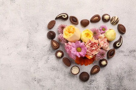 Heart made with delicious chocolate candies and beautiful flowers on gray table, flat lay. Space for...
