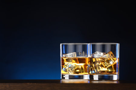 Whiskey with ice cubes in glasses on table against dark background. Space for textの写真素材