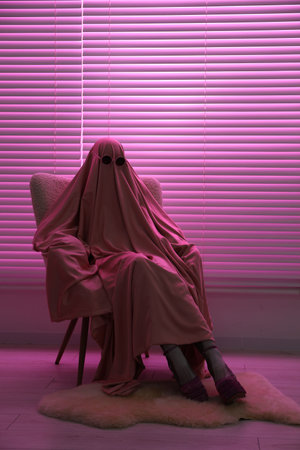 Glamorous ghost. Woman in sheet and high heel shoes on armchair in pink lightの写真素材