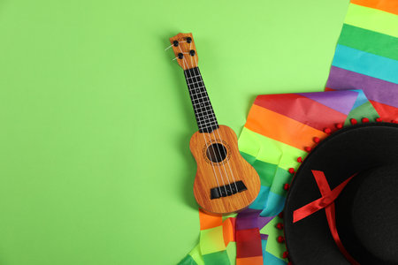 Black Flamenco hat and ukulele on green background, top view. Space for text