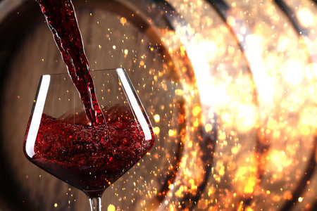 Pouring red wine into glass on background with blurred lights, closeup. Space for textの写真素材