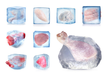 Frozen food. Different raw meat in ice cubes isolated on white, setの写真素材